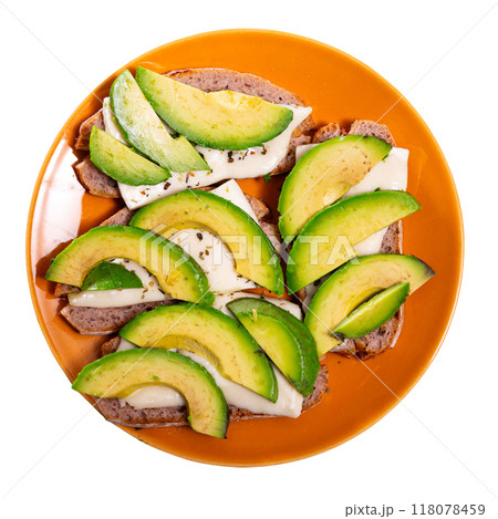Sandwich with avocado and cheese. Tasty breakfast close up 118078459