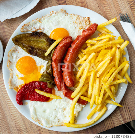 Sausages with fried egg, potatoes and peppers Sausages with fried egg, potatoes and peppers 118078488