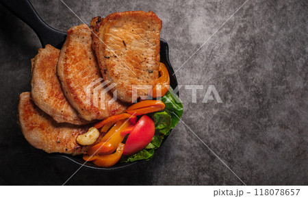 Top Table View of Pork Sirloin Steak with copy space. Top Table View of Pork Sirloin Steak with copy space. 118078657