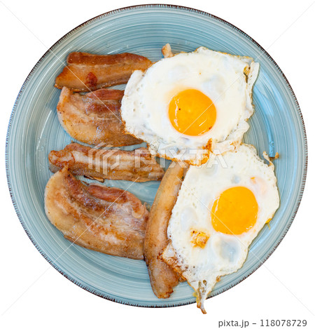 Hearty homemade breakfast - fried eggs with bacon, bread, coffee drink 118078729