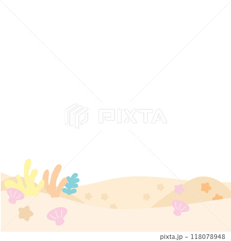 Under the sea square frame with coral reef, pearl shell, starfish, sand for background, wallpaper, backdrop, ad template, photo frame, banner, social media, poster, souvenir shop, aquarium, card print 118078948