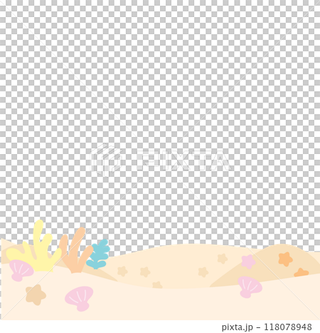 Under the sea square frame with coral reef, pearl shell, starfish, sand for background, wallpaper, backdrop, ad template, photo frame, banner, social media, poster, souvenir shop, aquarium, card print 118078948