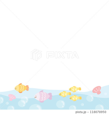 Under the sea square frame with pastel fish, pearl shell for background, wallpaper, backdrop, ad template, photo frame, banner, social media, poster, souvenir shop, aquarium, marine lives, card print 118078950