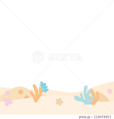 Under the sea square frame with coral reef, pearl shell, starfish, sand for background, wallpaper, backdrop, ad template, photo frame, banner, social media, poster, souvenir shop, aquarium, card print 118078951