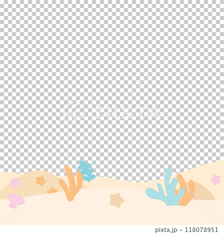 Under the sea square frame with coral reef, pearl shell, starfish, sand for background, wallpaper, backdrop, ad template, photo frame, banner, social media, poster, souvenir shop, aquarium, card print 118078951