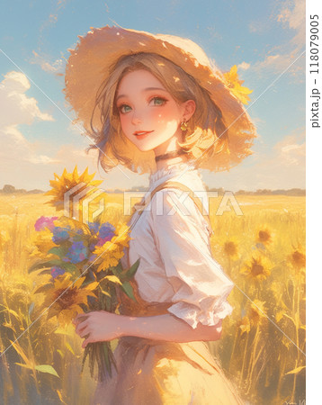 麦わら帽子の少女と向日葵畑の静かな午後 118079005