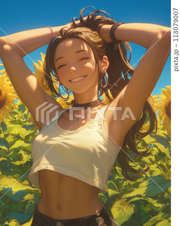 向日葵畑で輝く夏の笑顔と自然 118079007