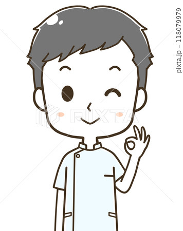 OKポーズをする若い男性看護師の上半身イラスト 118079979