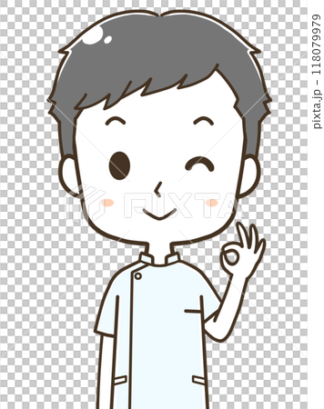 OKポーズをする若い男性看護師の上半身イラスト 118079979