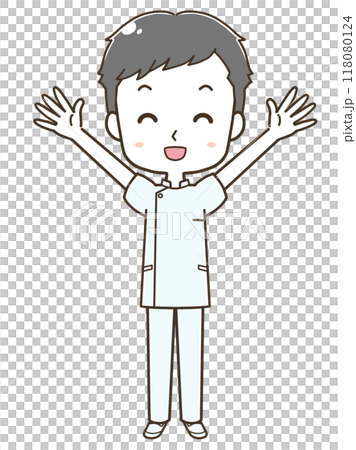バンザイをする若い男性看護師の全身イラスト 118080124