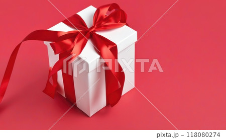 Close-up of red and white gift boxes with bows, perfect for holiday and Christmas celebrations. 118080274