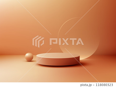 Minimalist 3D Orange Podium with Transparent Glass Circle and Sphere on Warm Orange Background for Product Display Mockup Showcase 118080323