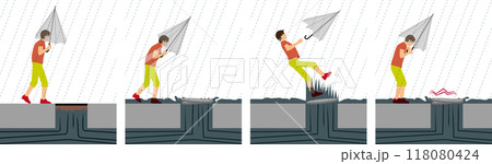 災害、豪雨と傘を差した人とマンホールから吹き出す雨水の危険のイメージイラスト 118080424