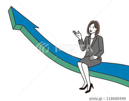 上向き矢印を使ってプレゼンをする女性のイラスト 上向き矢印を使ってプレゼンをする女性のイラスト 118080499