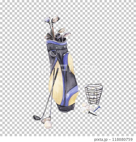 Golf bag with basket, balls, clubs 118080759