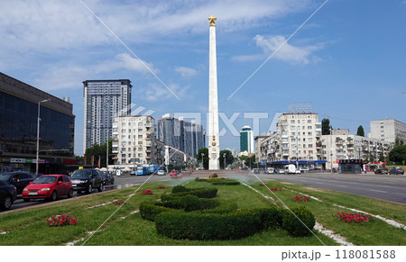 Kiev, Ukraine July 6, 2021: Obelisk "Hero City Kiev" in honor of the victory over fascism Kiev, Ukraine July 6, 2021: Obelisk "Hero City Kiev" in honor of the victory over fascism 118081588