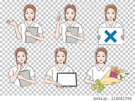 Line drawing character Nurse female pose set Guidance Worried Explanation on tablet Caution Holding a bouquet 118081748