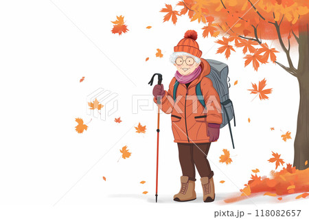 秋のトレッキングをするシニア女性 秋のトレッキングをするシニア女性 118082657