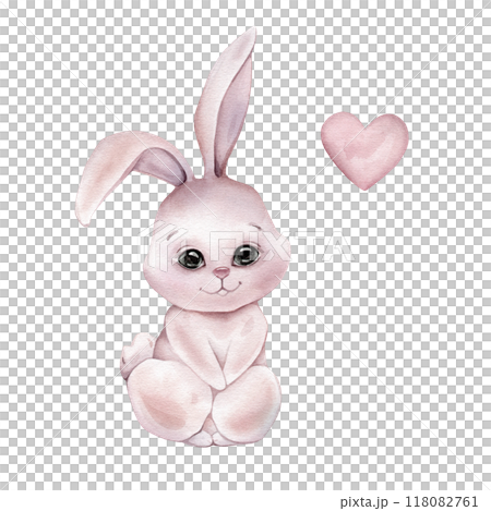 Watercolor cute hare and heart. Drawing of bunny in pastel warm and beige colors. Hand drawn illustration rabbit on isolated background for children. For childish shower greeting cards or invitations Watercolor cute hare and heart. Drawing of bunny in pastel warm and beige colors. Hand drawn illustration rabbit on isolated background for children. For childish shower greeting cards or invitations 118082761