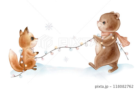 Watercolor illustration cute forest animals with winter scarves and New year's garland. Bear and fox on the snow with falling snowflakes in pastel colors. Hand drawn illustrations on isolated. Watercolor illustration cute forest animals with winter scarves and New year's garland. Bear and fox on the snow with falling snowflakes in pastel colors. Hand drawn illustrations on isolated. 118082762