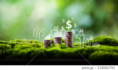 Financial growth and environment, stacked coins are growing in nature and environmental conservation. Financial growth and environment, stacked coins are growing in nature and environmental conservation. 118082791