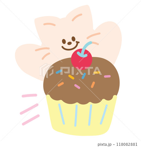 Cupcake with cat and cherry for pet shop, food, snack, sweet dessert, cafe, restaurant, menu, recipe, baking, sticker, cartoon character, mascot, plush toy, kid doll, birthday party, card, kitten icon 118082881