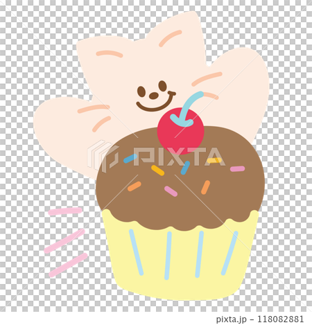 Cupcake with cat and cherry for pet shop, food, snack, sweet dessert, cafe, restaurant, menu, recipe, baking, sticker, cartoon character, mascot, plush toy, kid doll, birthday party, card, kitten icon 118082881