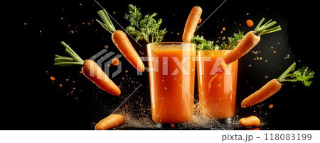 Fresh Whole Carrots Splashed into a Glass of 118083199
