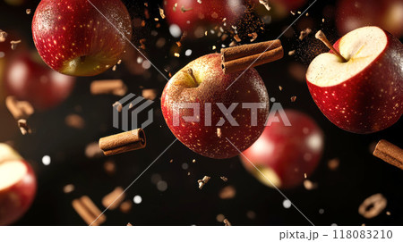 Red apples and cinnamon sticks are suspended in 118083210