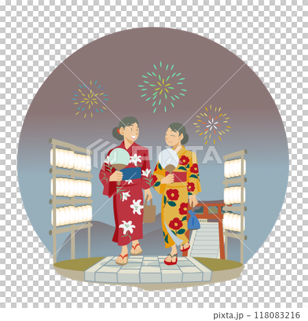 夜の石畳を歩く浴衣を着た女性たち 118083216