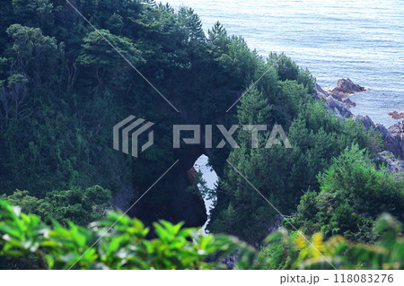 夏の鳥取県浦富海岸　鴨ヶ磯展望所より鴨ケ磯の水尻洞門を臨む 118083276