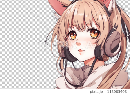 Illustration of a girl with cat ears wearing headphones 118083408