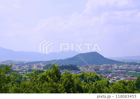 奈良　明日香村　甘樫丘から見た畝傍山と二上山（北西方向、やや拡大、夏） 118083455