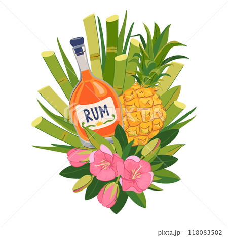 Vector composition with a bottle of rum, pineapple and tropical flowers. Illustration for a beach bar menu. Cruise vacation, summer holidays, party, cafe, vacation. Vector composition with a bottle of rum, pineapple and tropical flowers. Illustration for a beach bar menu. Cruise vacation, summer holidays, party, cafe, vacation. 118083502