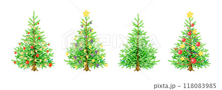 Vintage style decorated Christmas tree illustration set. Hand drawn evergreen fir tree collection with festive bright decoration. Winter holidays tree decor element on white background Vintage style decorated Christmas tree illustration set. Hand drawn evergreen fir tree collection with festive bright decoration. Winter holidays tree decor element on white background 118083985