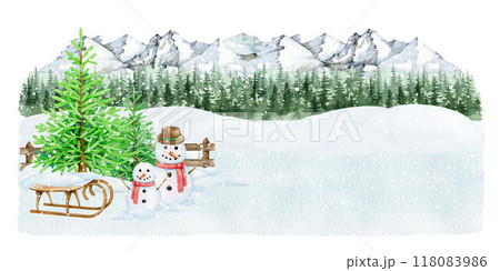 Cute snowman on snowy ground with Christmas tree in winter landscape. Winter season outdoors festive scene. Vintage style illustration. Winter time decor with fir tree, sled, snowman, snow piles Cute snowman on snowy ground with Christmas tree in winter landscape. Winter season outdoors festive scene. Vintage style illustration. Winter time decor with fir tree, sled, snowman, snow piles 118083986
