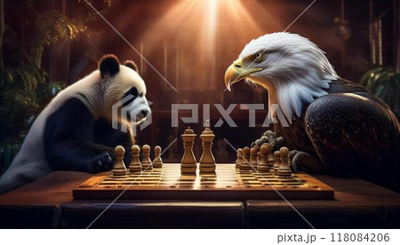 チェスをする白頭鷲とパンダ 118084206