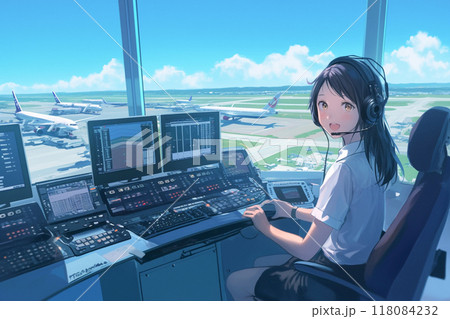 空港の管制室_微笑む管制官_イラスト1 118084232