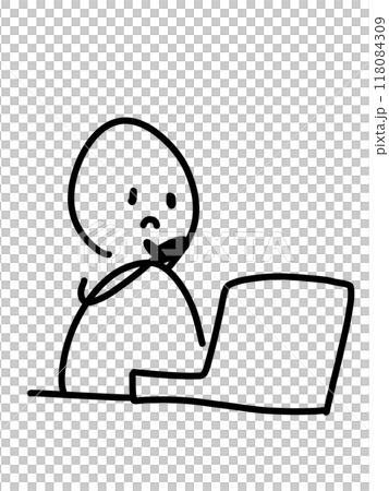 パソコンの前で考える人のゆるいイラスト パソコンの前で考える人のゆるいイラスト 118084309