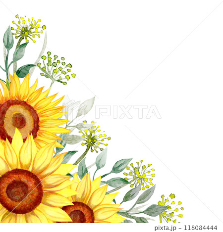 Isolated object-126. Bouquet of sunflowers and wildflowers 1, watercolour illustration. 118084444