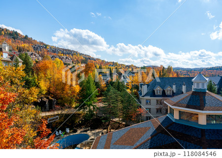 Mont Tremblant Ski Resort in autumn. Beautiful maples scenery in the Laurentians. Mont-Tremblant, Quebec, Canada. Mont Tremblant Ski Resort in autumn. Beautiful maples scenery in the Laurentians. Mont-Tremblant, Quebec, Canada. 118084546