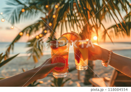 Tropical Sunset Toast with Fruit Cocktails on a Beach 118084554