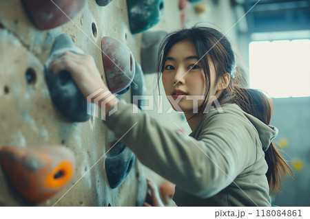 ボルダリングジムで練習する若い女性 118084861