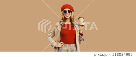 Autumn fashion, portrait of beautiful happy smiling young woman, stylish girl with cup coffee drink 118084999