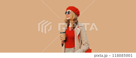 Autumn fashion, portrait of beautiful happy smiling young woman, stylish girl with cup coffee drink 118085001
