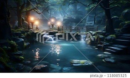 Ancient Oriental Far Eastern Scenery at Night AI Artwork 118085325