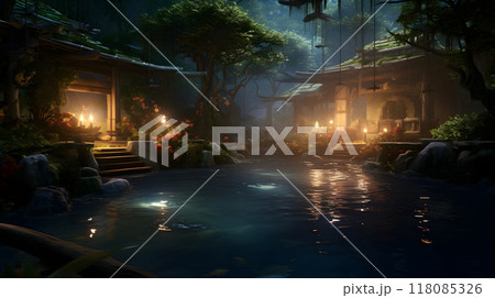 Ancient Oriental Far Eastern Scenery at Night AI Artwork 118085326