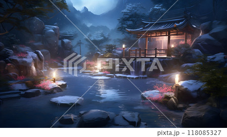 Ancient Oriental Far Eastern Scenery at Night AI Artwork 118085327