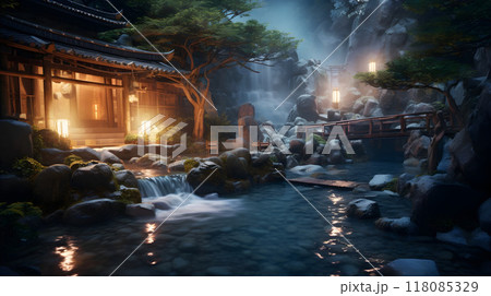 Ancient Oriental Far Eastern Scenery at Night AI Artwork 118085329