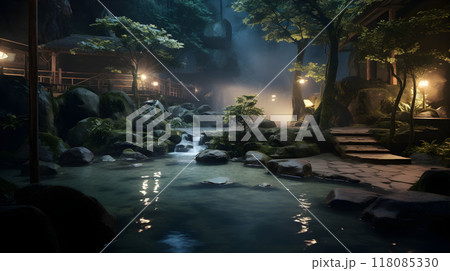 Ancient Oriental Far Eastern Scenery at Night AI Artwork 118085330